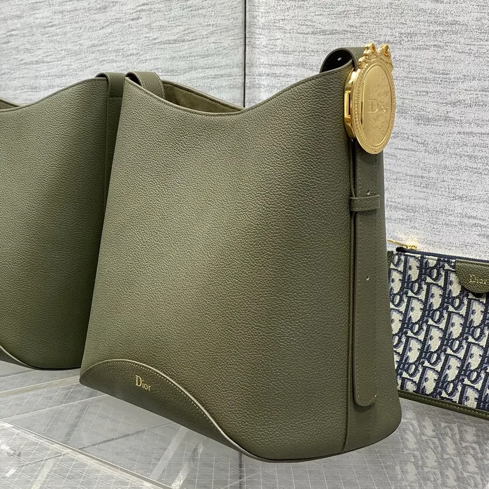 Dior Medium Dior Médaillon Bucket Bag Khaki Grained Calfskin for Women