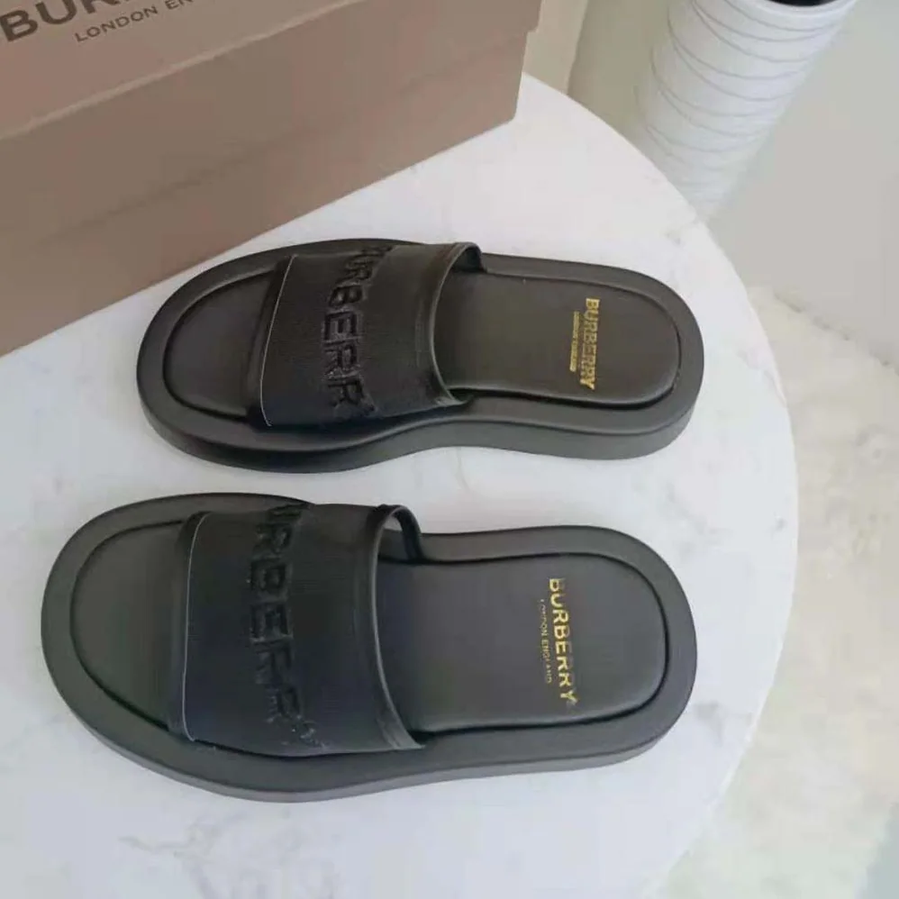 Burberry Embroidered Logo Mesh and Leather Slides for Women Burberry Embroidered Logo Mesh and Leather Slides for Women