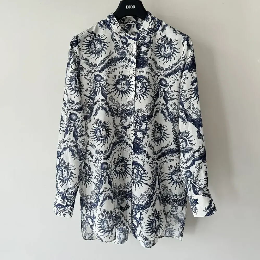 Dior Long Blouse White and Navy Blue Cotton Muslin with Toile de Jouy Soleil Motif for Women Dior Long Blouse White and Navy Blue Cotton Muslin with Toile de Jouy Soleil Motif for Women