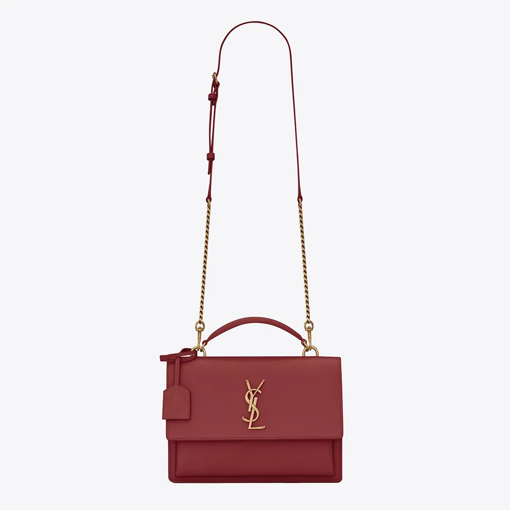 Saint Laurent YSL Medium Sunset Satchel in Smooth Leather for Women in Maroon