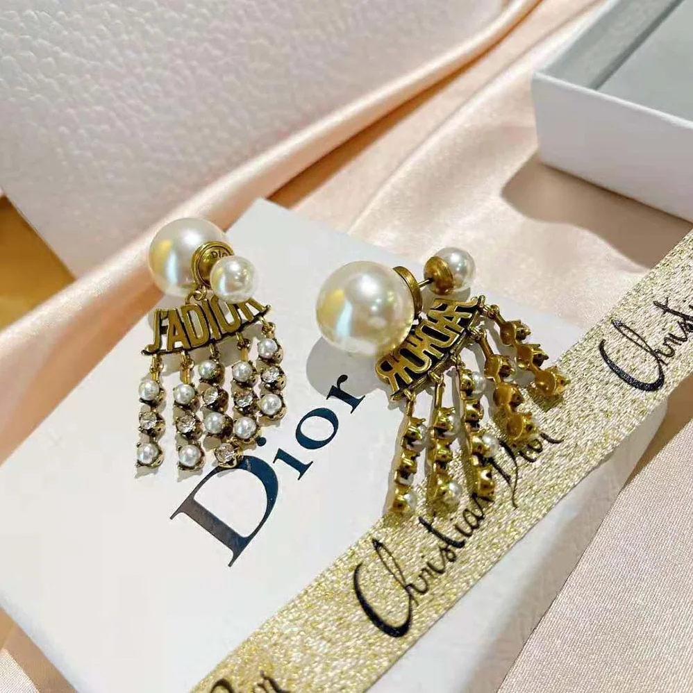 Dior Tribales Earrings Antique Gold-Finish Metal with White Resin Pearls for Women Dior Tribales Earrings Antique Gold-Finish Metal with White Resin Pearls for Women