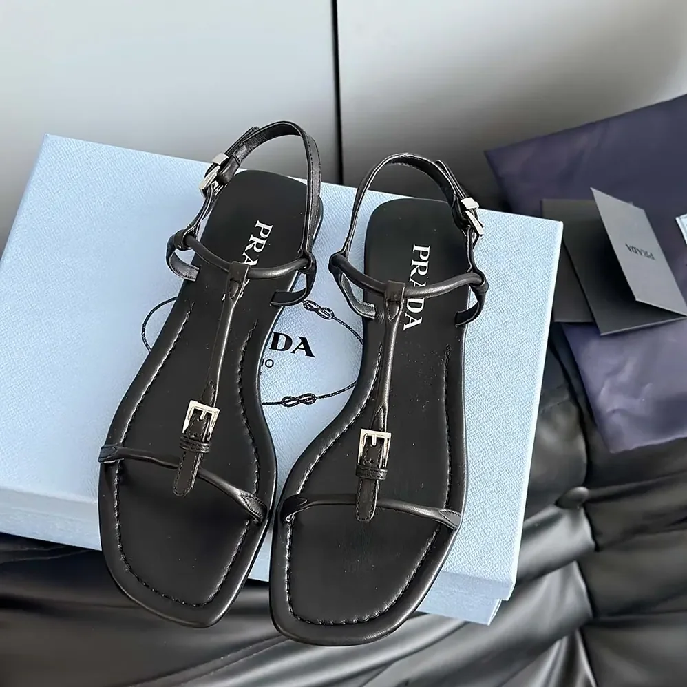 Prada Flat Leather Sandals for Women in Black Prada Flat Leather Sandals for Women in Black