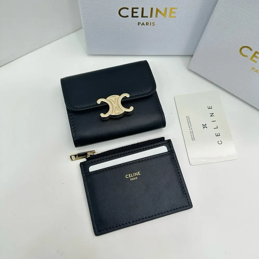 Celine Compact Wallet with Coin Triomphe in Shiny Calfskin for Women Celine Compact Wallet with Coin Triomphe in Shiny Calfskin for Women
