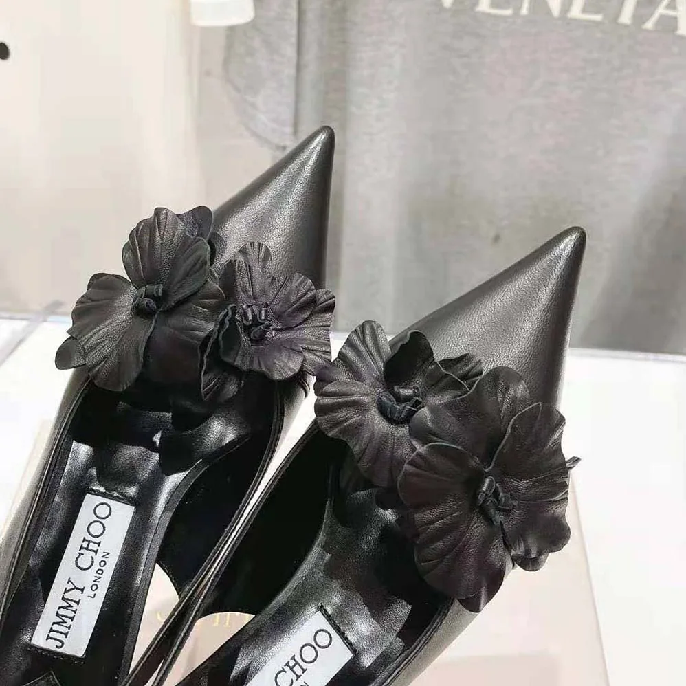 Jimmy Choo Amita Flowers 45 Black Nappa Leather Sling Back Pumps with Flowers for Women
