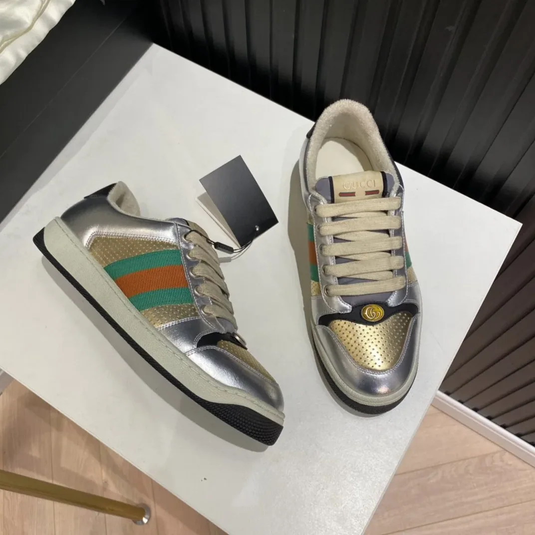 Gucci Screener Low Top Sneakers Silver Gold for Men