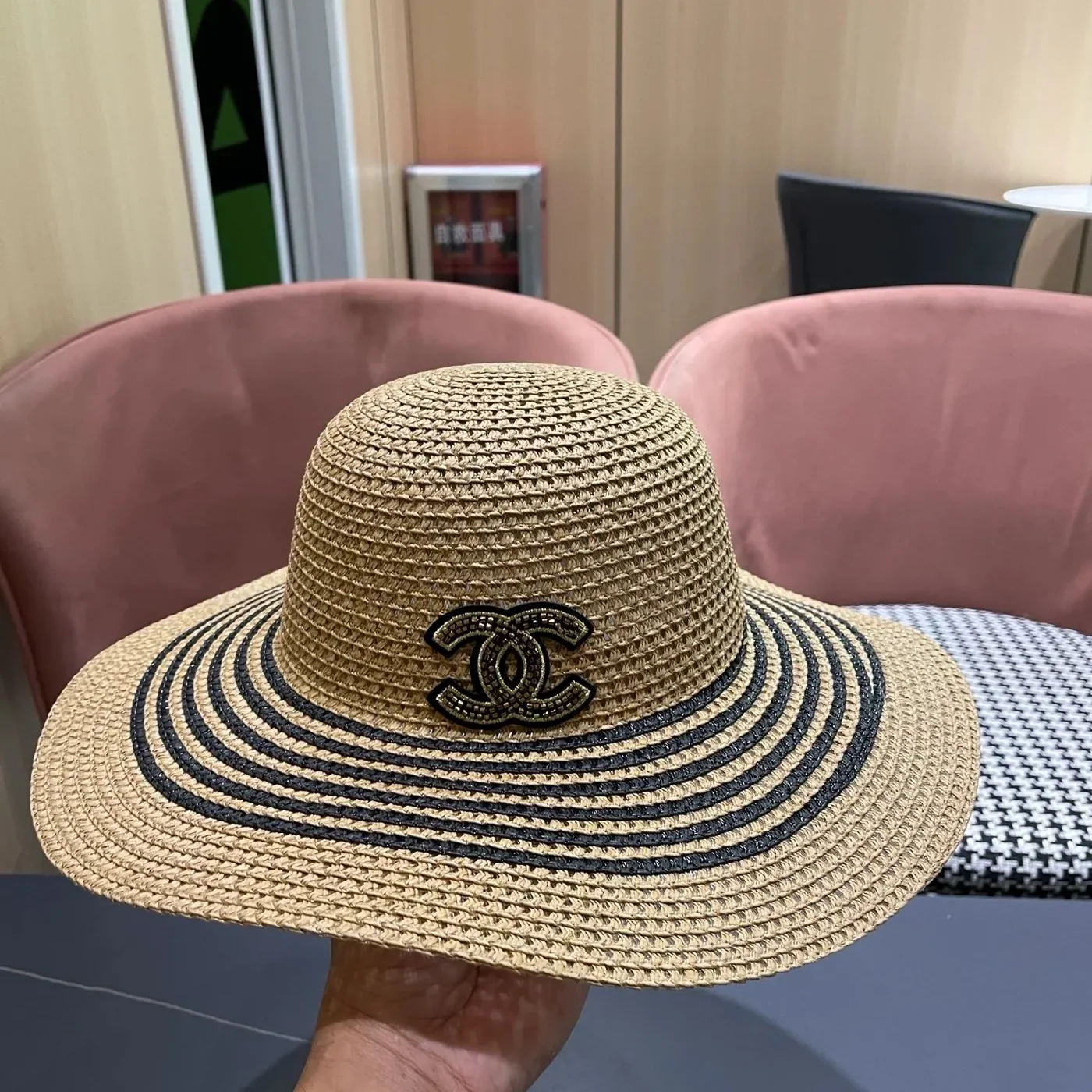 Chanel Monochrome Striped Sun Hat Dark Beige Straw Chanel Monochrome Striped Sun Hat Dark Beige Straw