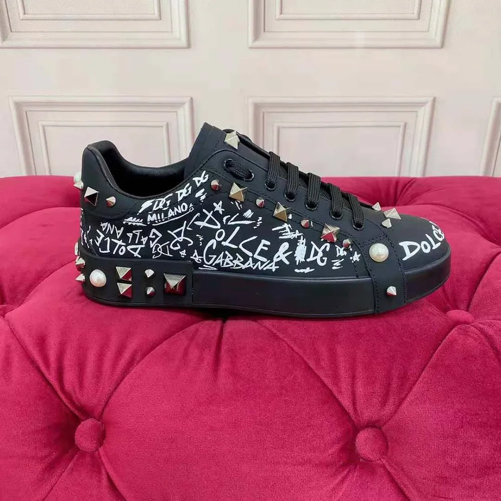 Dolce Gabbana D&G Calfskin Nappa Portofino Sneakers with Studs for Unisex in Black