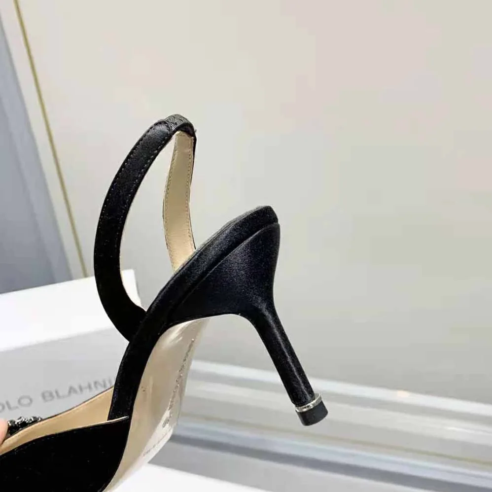 Manolo Blahnik Black Satin Jewel Buckle Slingback Pumps for Women Manolo Blahnik Black Satin Jewel Buckle Slingback Pumps for Women
