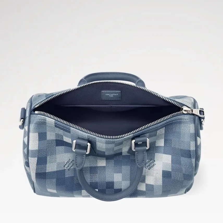 Louis Vuitton Speedy 30 Bandouliere Top Handle Bag / Indigo Blue Damoflage Silver Hardware