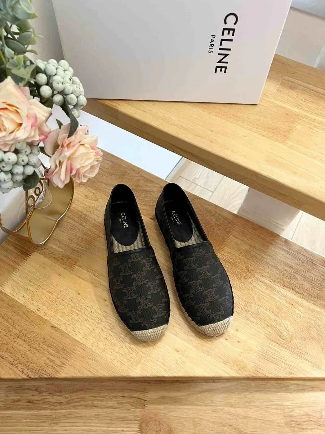 Celine Flat Espadrille With Triomphe In Triomphe Canvas Black And Brown Celine Flat Espadrille With Triomphe In Triomphe Canvas Black And Brown