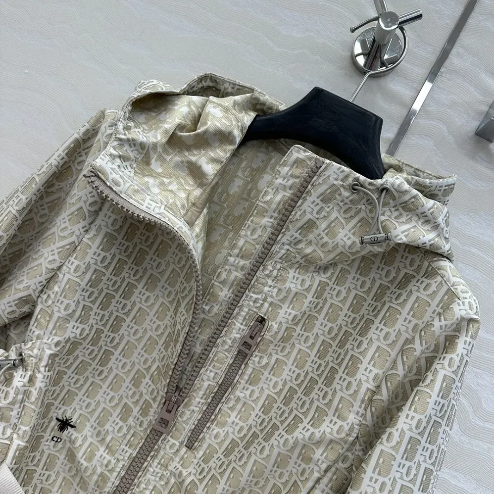 Dior Cropped Hooded Jacket Beige Technical Jacquard Taffeta with Dior Oblique Motif for Men