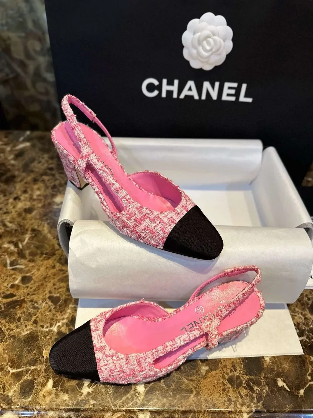 Chanel Woolen High Heel Slingback Sandals Pink Chanel Woolen High Heel Slingback Sandals Pink