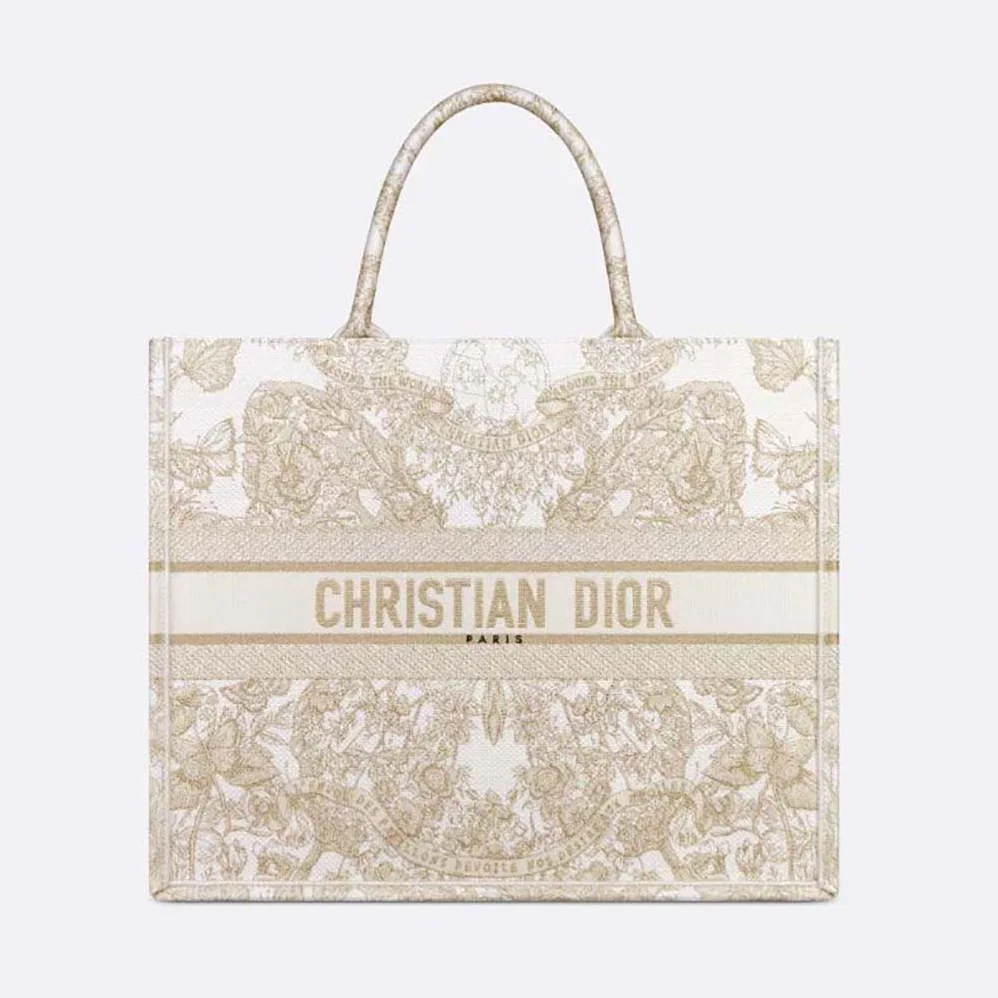 Dior Large Dior Book Tote Gold-Tone and White Butterfly Around The World Embroidery for Women Dior Large Dior Book Tote Gold-Tone and White Butterfly Around The World Embroidery for Women