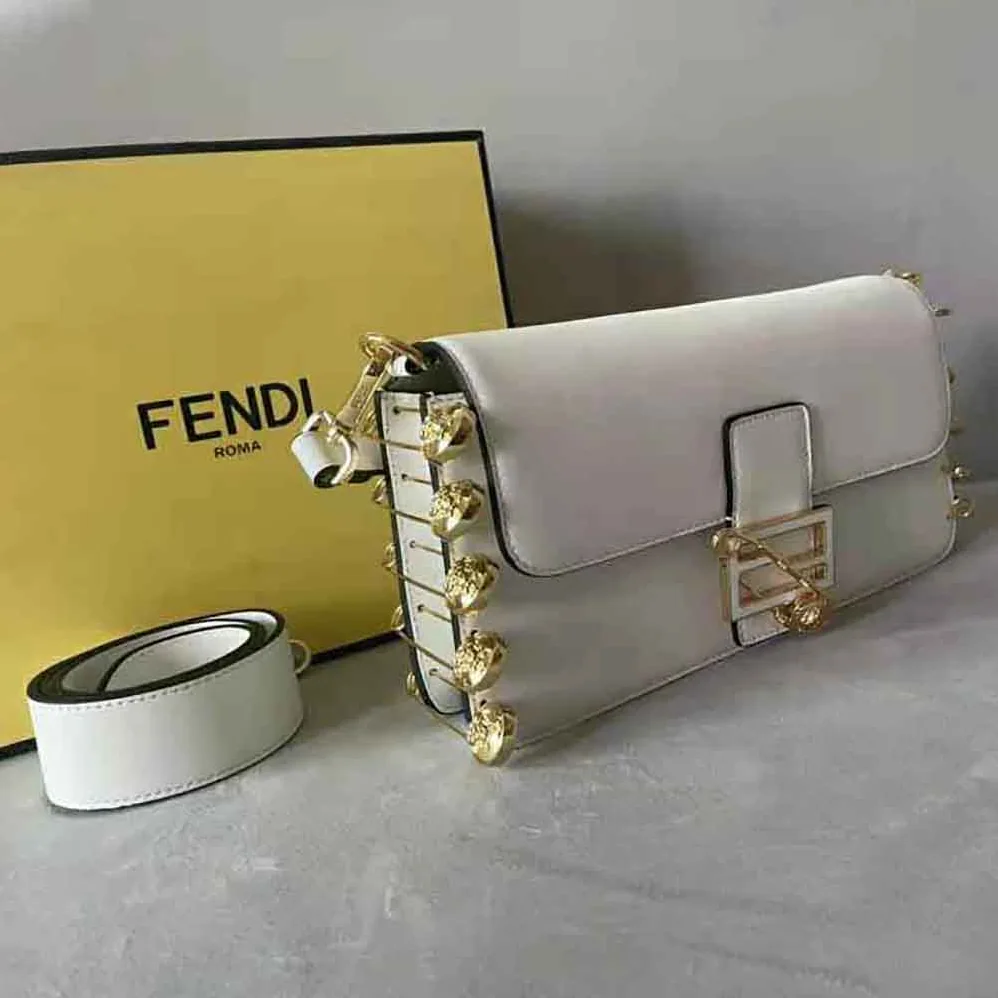 Fendi Baguette Brooch Fendace White Leather Bag for Women Fendi Baguette Brooch Fendace White Leather Bag for Women