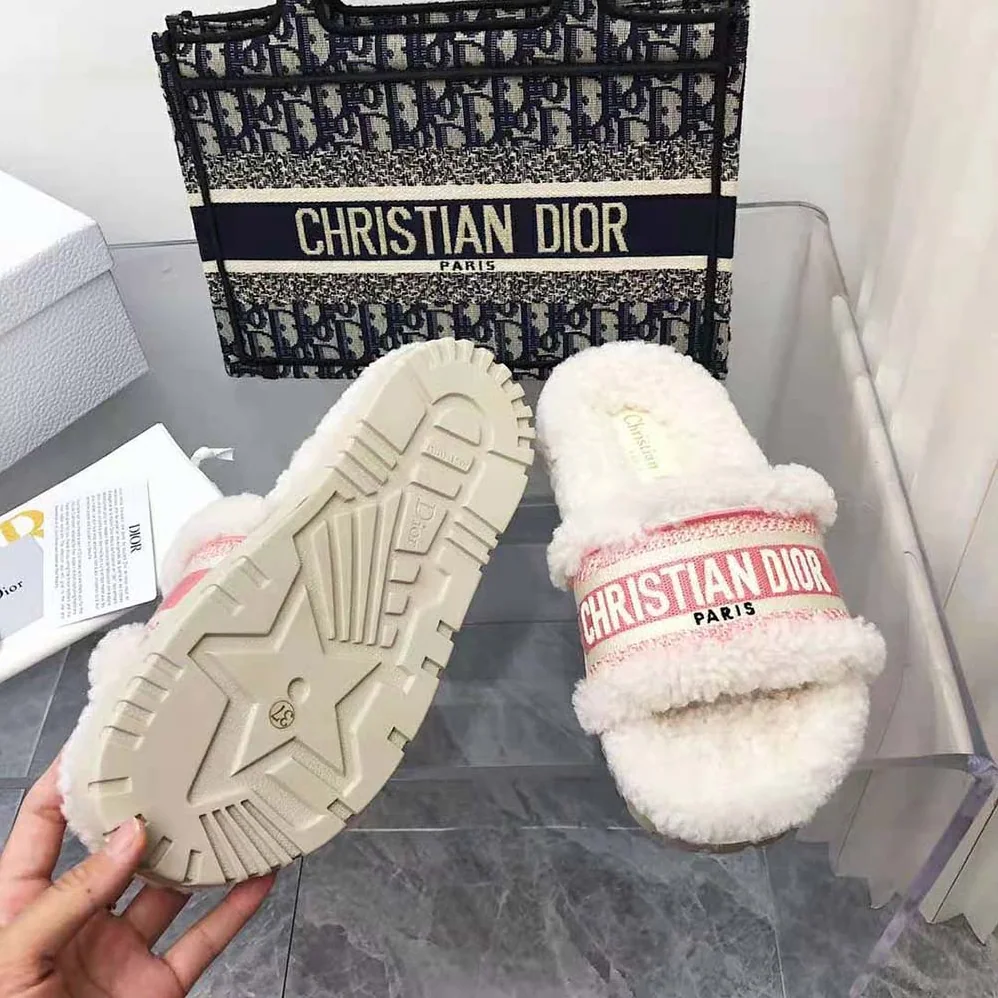 Dior Dway Slide Peony Pink Embroidered Cotton and White Shearling for Women