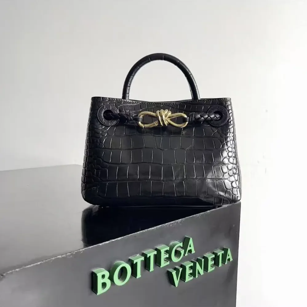 Bottega Veneta Small Andiamo Crocodile Leather Top Handle Bag for Women in Black Bottega Veneta Small Andiamo Crocodile Leather Top Handle Bag for Women in Black