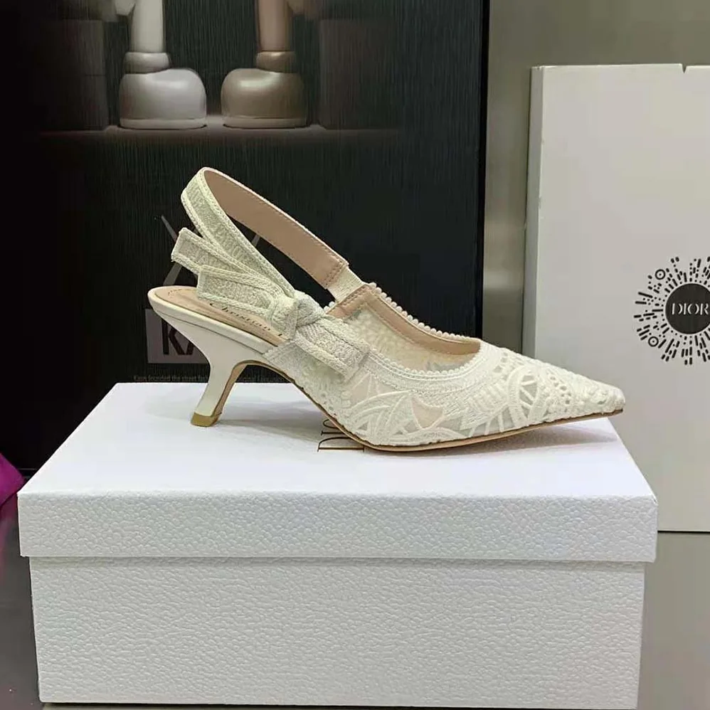 Dior J Sdior Slingback Pump White Macramé Embroidered Cotton for Women