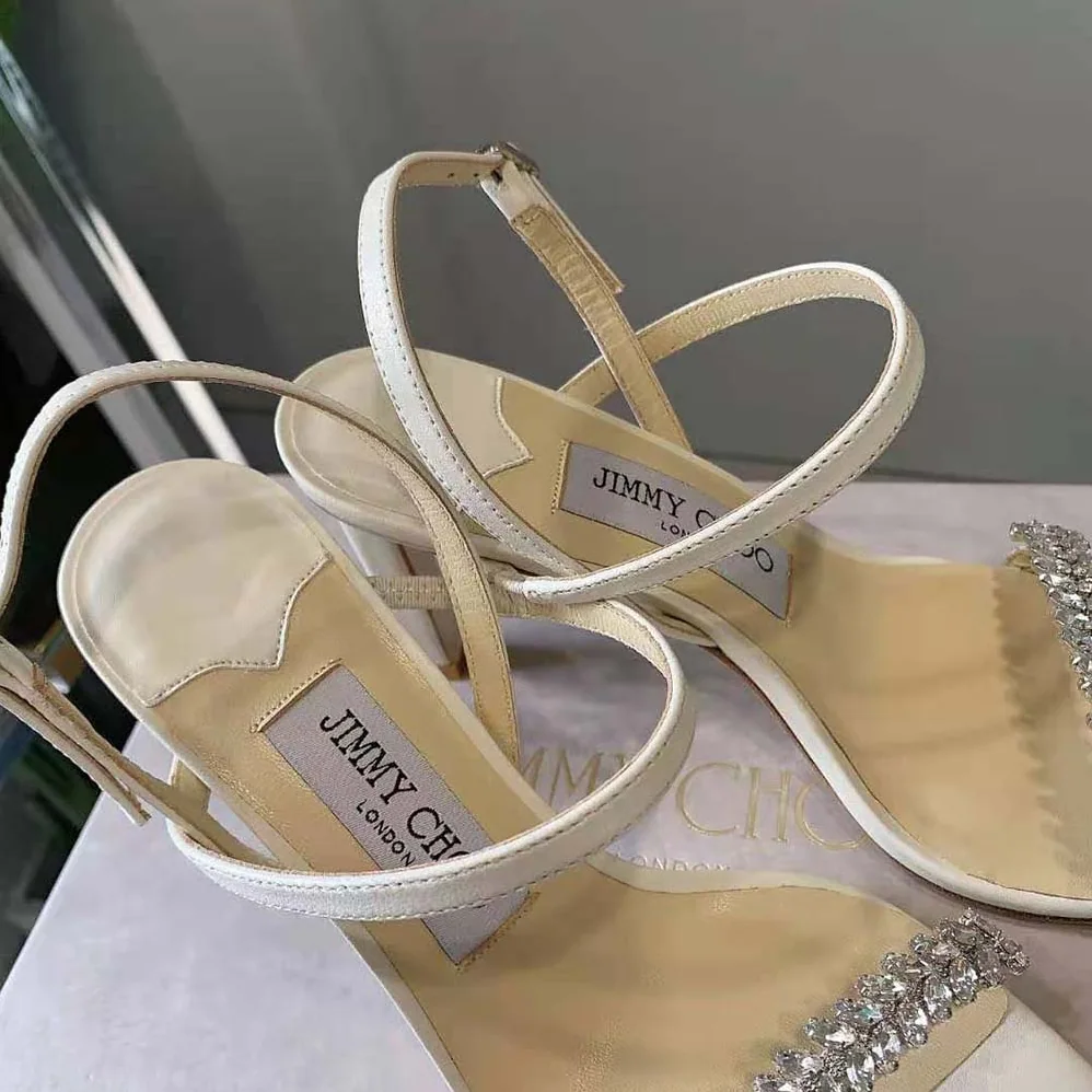 Jimmy Choo Meira 85 Latte Nappa Sandals with Leaf Crystal Embellishment for Women Jimmy Choo Meira 85 Latte Nappa Sandals with Leaf Crystal Embellishment for Women