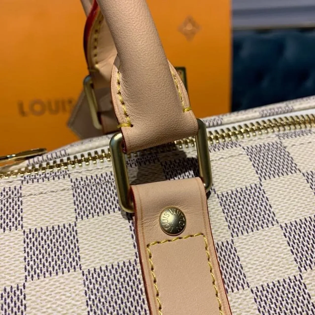 Louis Vuitton Keepall Bandouliere 55 Travel Bag in Damier Azur Gold Hardware Louis Vuitton Keepall Bandouliere 55 Travel Bag in Damier Azur Gold Hardware