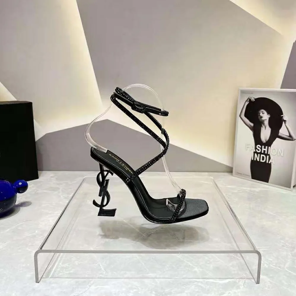 Saint Laurent YSL Opyum Sandals in Crepe Satin and Rhinestones for Women