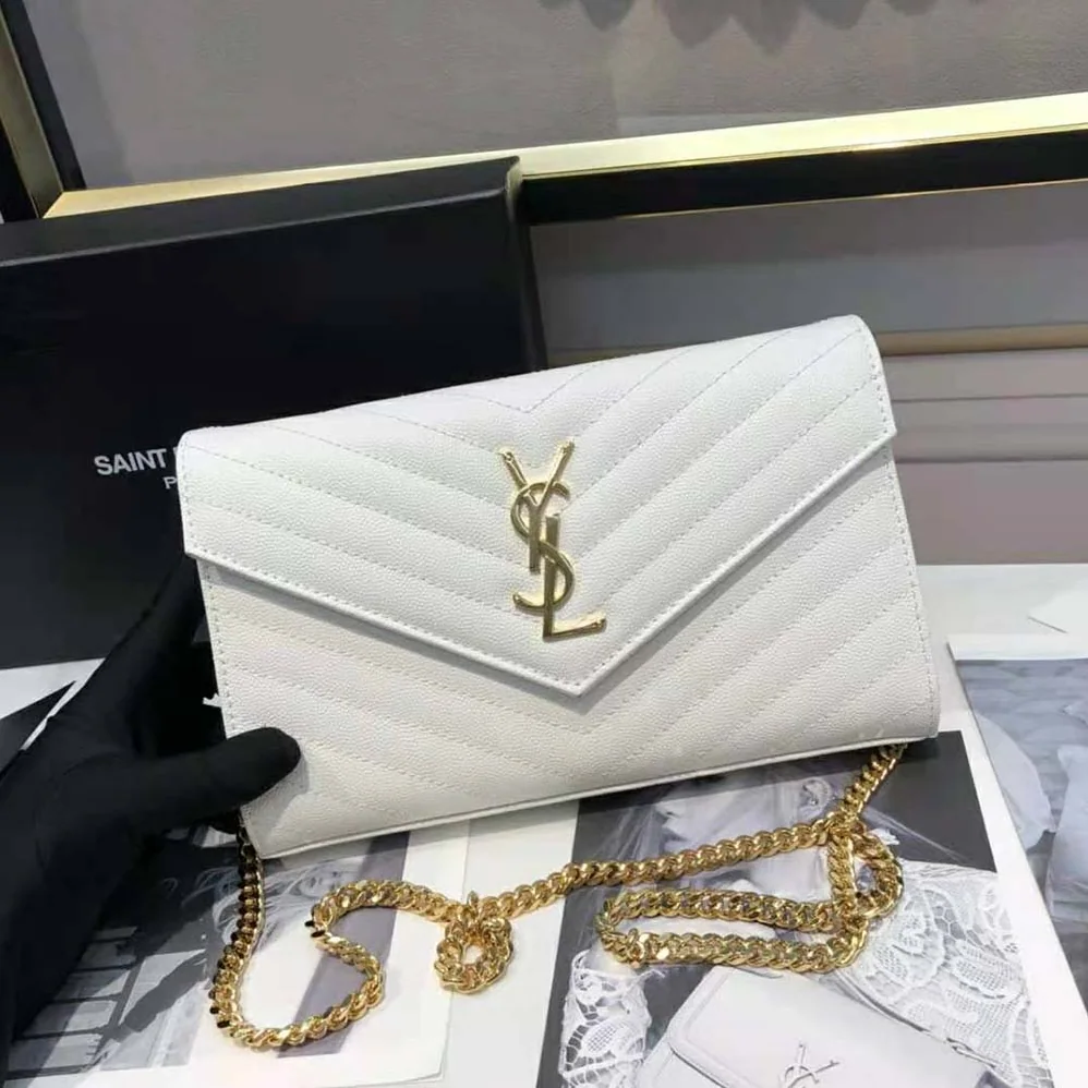 Saint Laurent YSL Monogram Chain Wallet in Grain De Poudre Embossed Leather for Women in White