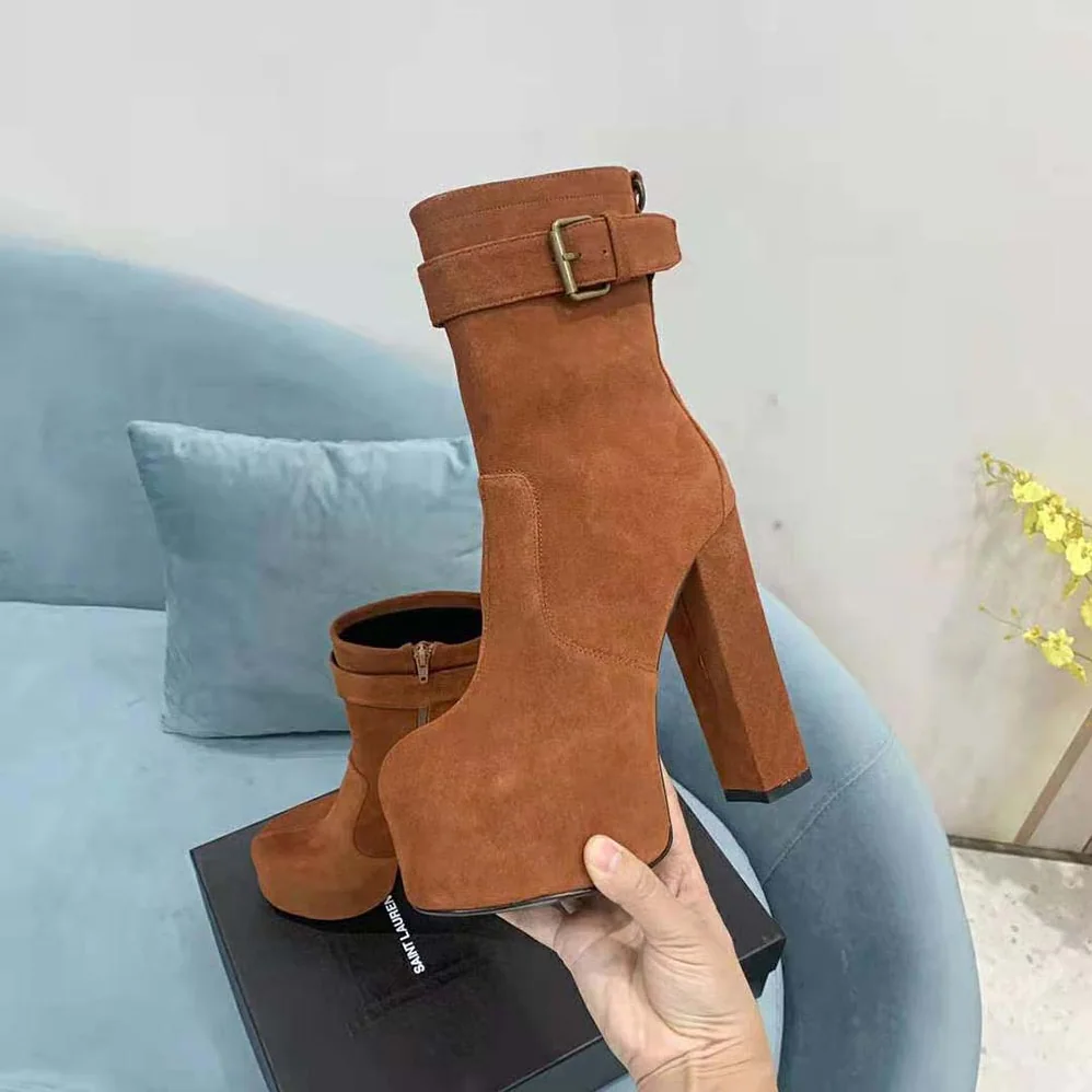 Saint Laurent YSL Cherry Buckle Platform Booties in Suede for Women in Brown Saint Laurent YSL Cherry Buckle Platform Booties in Suede for Women in Brown