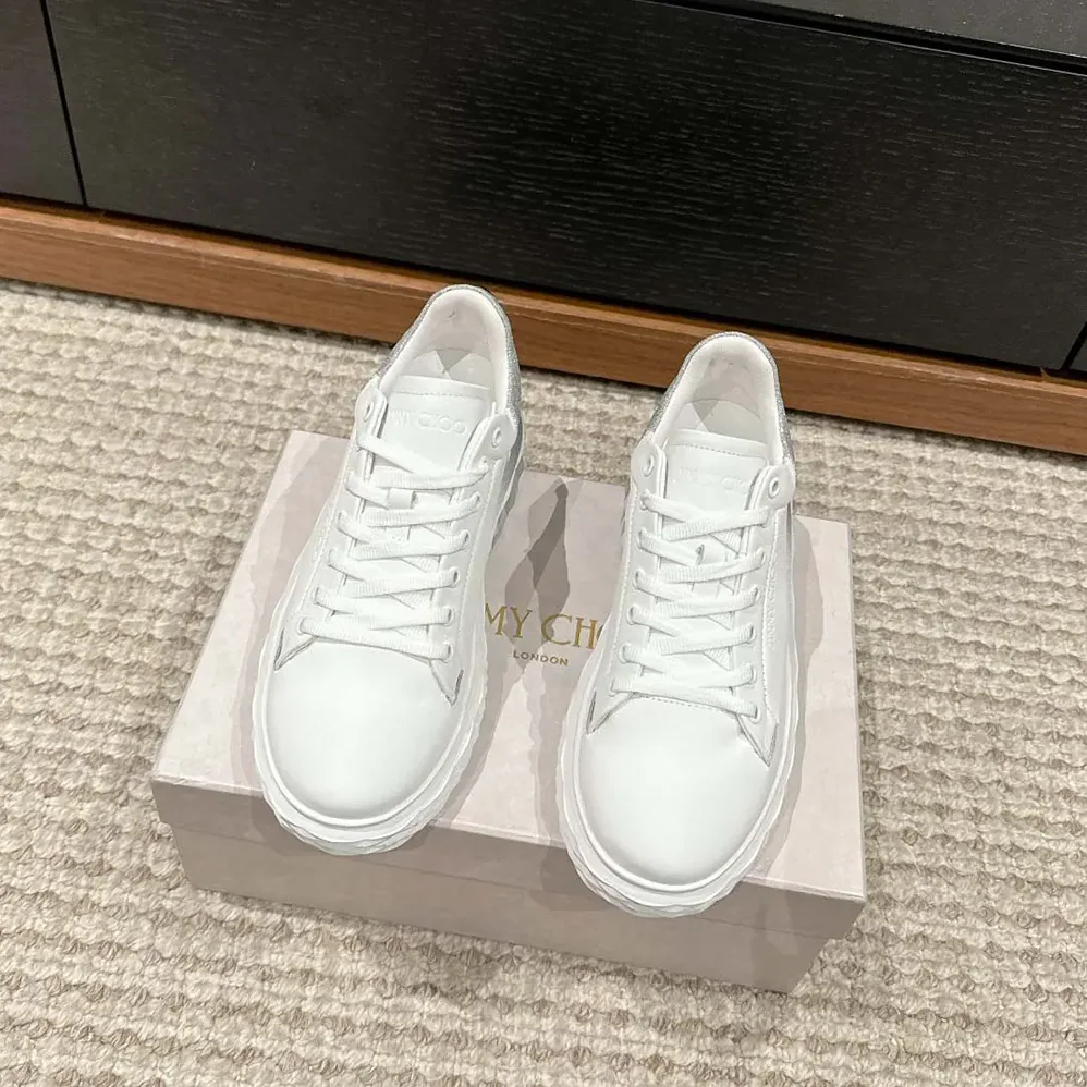 Jimmy Choo Diamond Maxi/F II White & Silver Nappa Leather Glitter Trainers for Women Jimmy Choo Diamond Maxi/F II White & Silver Nappa Leather Glitter Trainers for Women