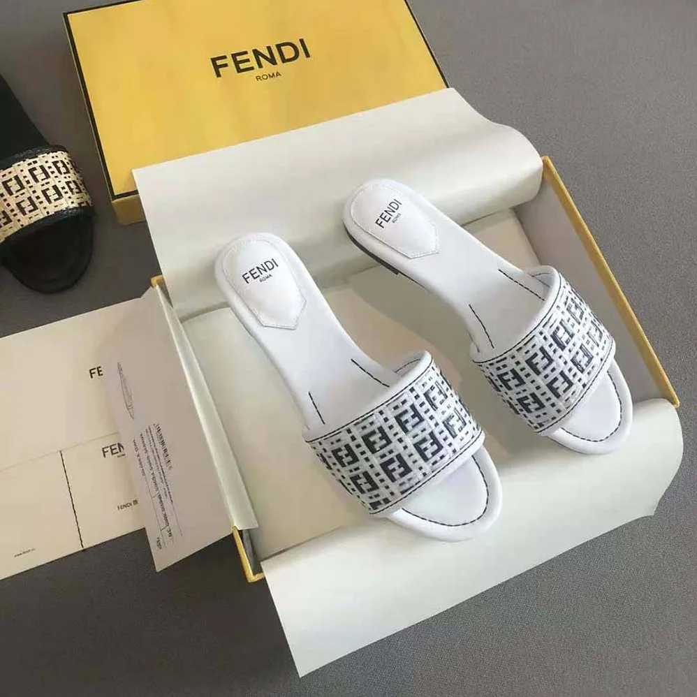 Fendi FF Interlace Slides White Leather Slides for Women Fendi FF Interlace Slides White Leather Slides for Women