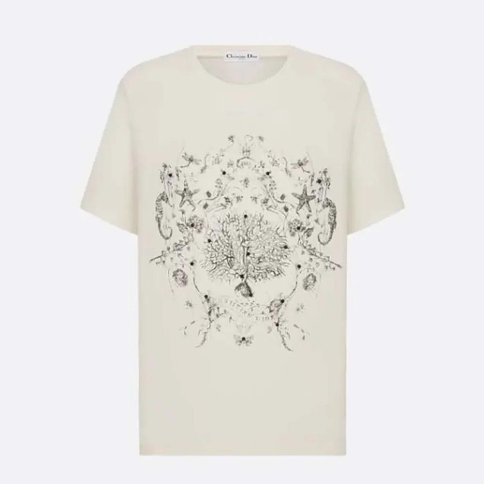 Dior T-Shirt White Cotton and Linen Jersey with Black Dior Cabinet de Curiosités Motif for Women