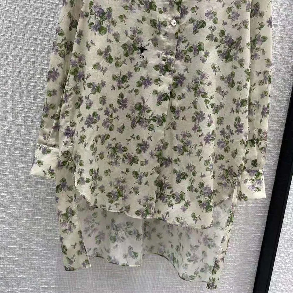 Dior Long Blouse Multicolor Cotton Voile with Violets Motif for Women Dior Long Blouse Multicolor Cotton Voile with Violets Motif for Women