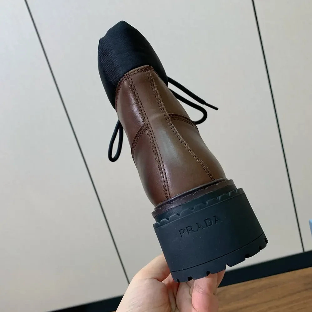 Prada Leather and Re-Nylon booties for Unisex in Cognac