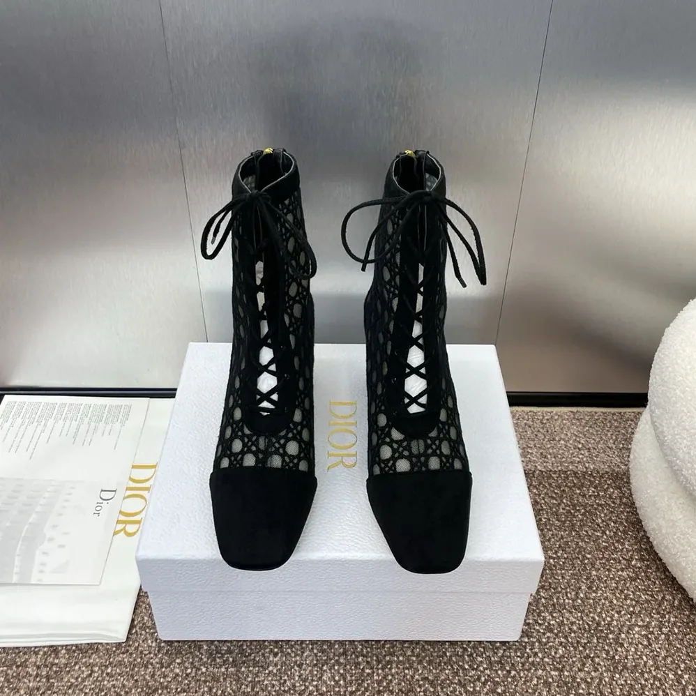 Dior Naughtily-D Heeled Ankle Boot Transparent Mesh Embroidered with Black Cannage Motif for Women Dior Naughtily-D Heeled Ankle Boot Transparent Mesh Embroidered with Black Cannage Motif for Women