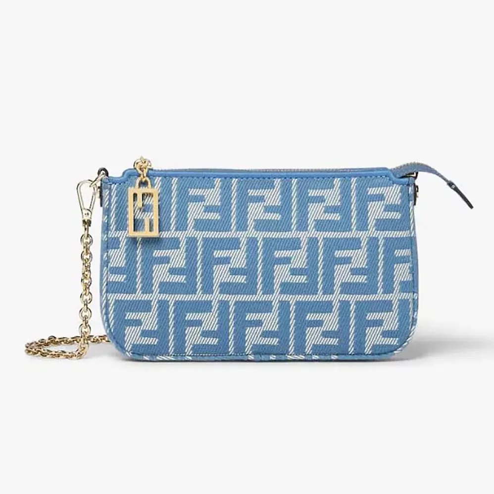 Fendi Baguette Pouch Blue Denim-effect FF Jacquard Charm Pouch with Chain for Women