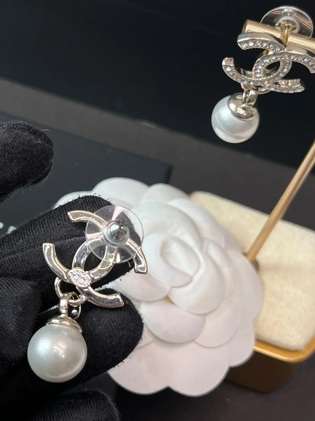Chanel Shaped Pearl Letter Earrings Light Rose Gold