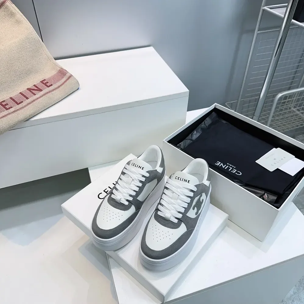 Celine Block Wedge Sneaker With Triomphe Patch In Calfskin And Suede Calfskin for Women in Gray Celine Block Wedge Sneaker With Triomphe Patch In Calfskin And Suede Calfskin for Women in Gray