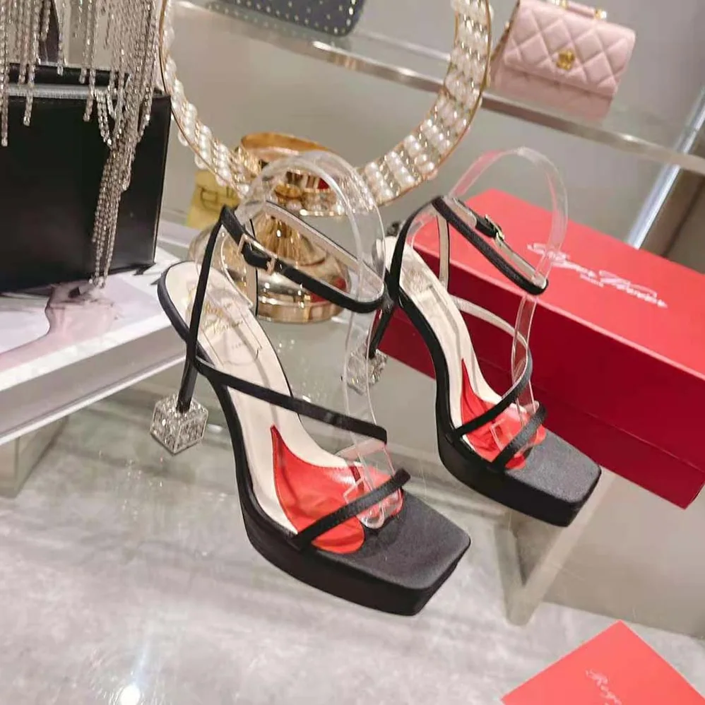 Roger Vivier Cube Strass Heel Sandals in Satin for Women in Black Roger Vivier Cube Strass Heel Sandals in Satin for Women in Black
