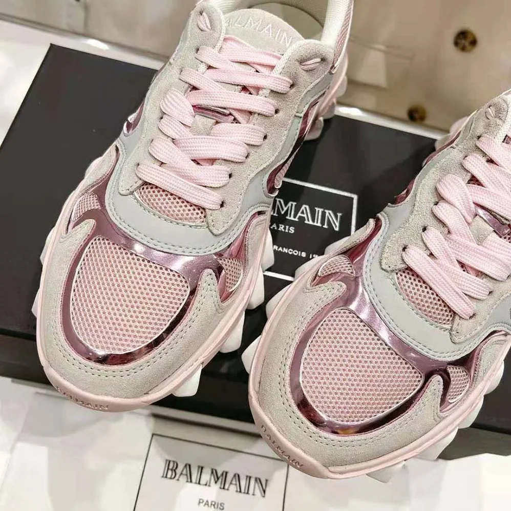 Balmain B-East Trainer in Leather Suede and Mesh for Women in Pink Balmain B-East Trainer in Leather Suede and Mesh for Women in Pink