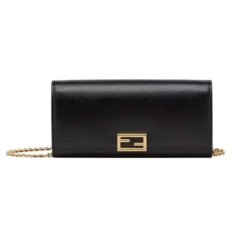 Fendi Shoulder Bag Chain Black Leather Wallet for Women