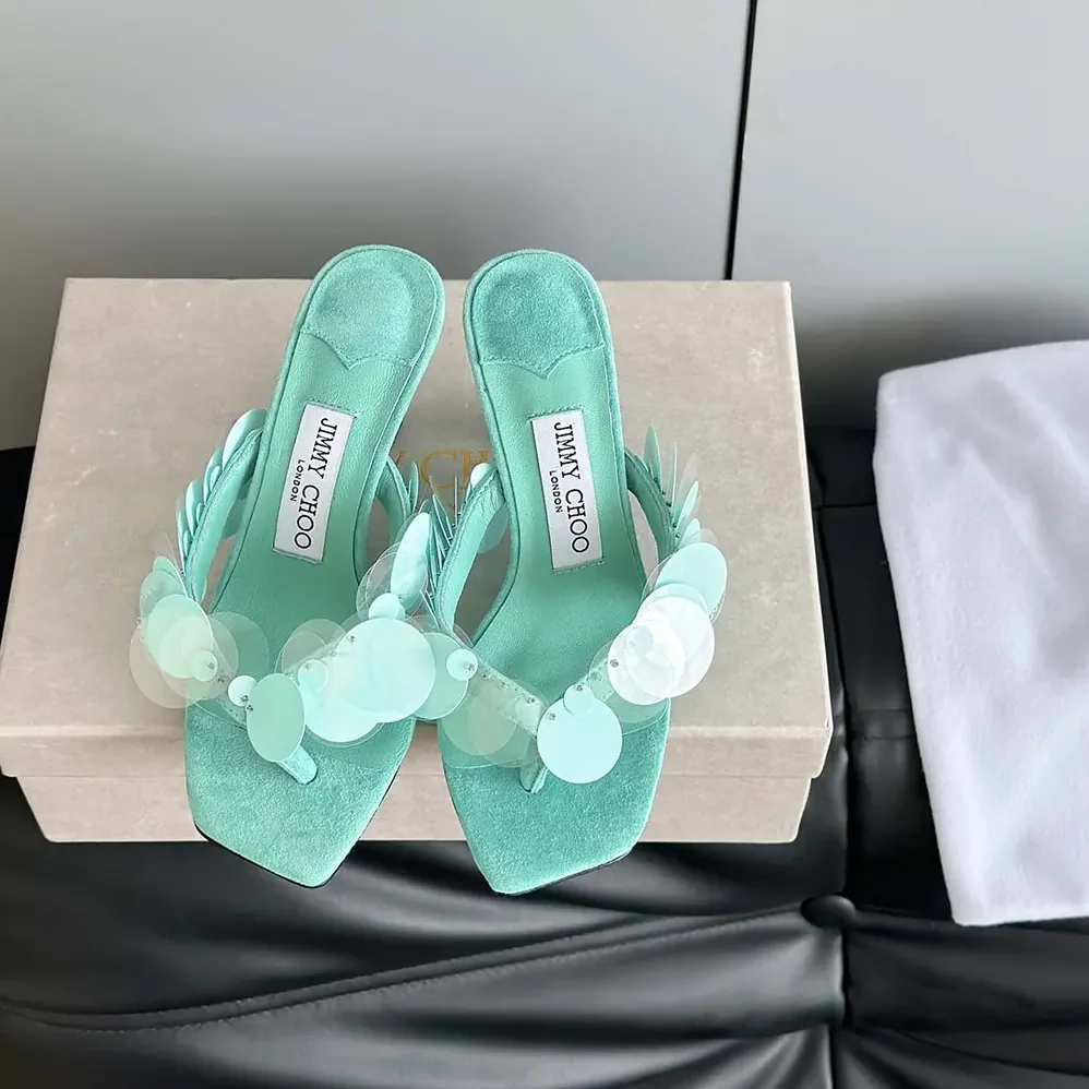 Jimmy Choo Freja 70 Aqua Green Suede Paillette Sandals for Women