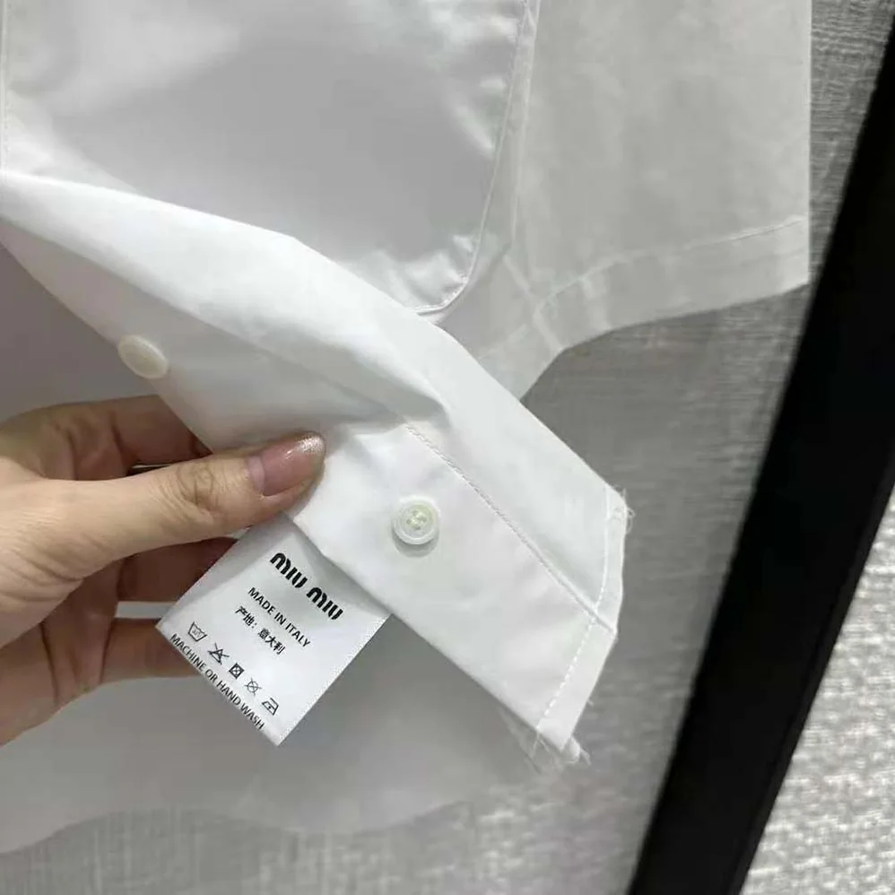 Miu Miu Poplin Shirt with Sartorial Logo Label for Women in White Miu Miu Poplin Shirt with Sartorial Logo Label for Women in White