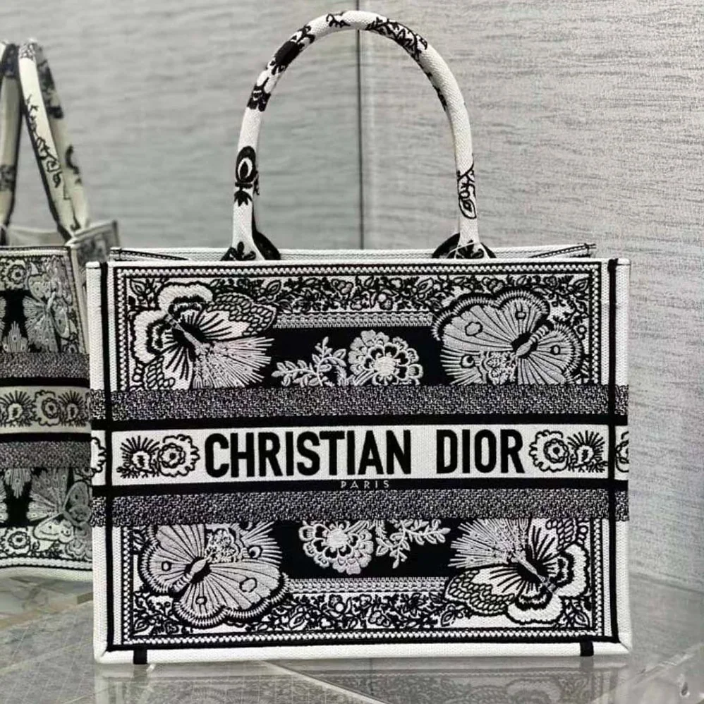 Dior Medium Dior Book Tote Black and White Butterfly Bandana Embroidery for Women