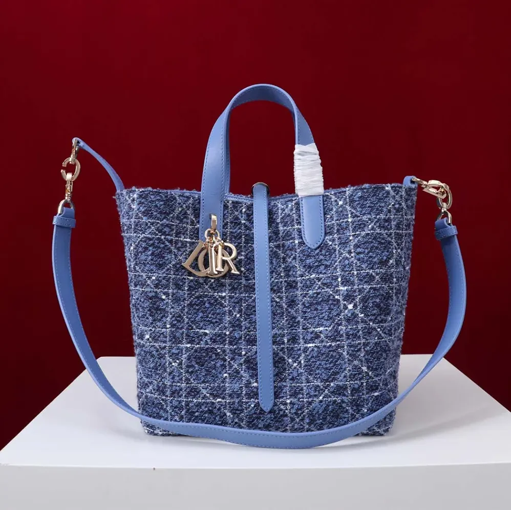 Dior Medium Dior Toujours Vertical Tote Bag Blue Tweed with White Cannage Motif for Women Dior Medium Dior Toujours Vertical Tote Bag Blue Tweed with White Cannage Motif for Women