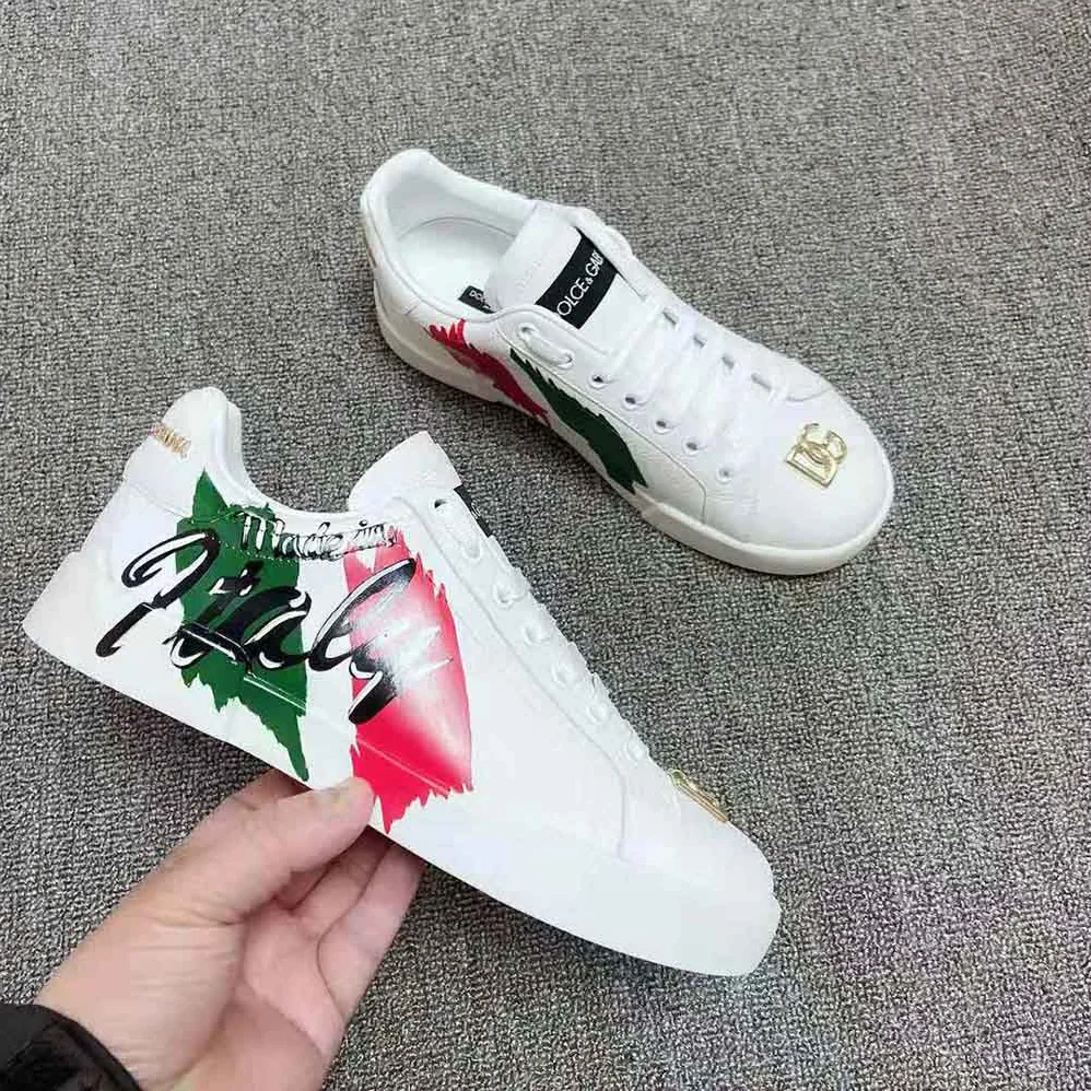 Dolce Gabbana D&G Calfskin Portofino Light Sneakers with Print for Women in White