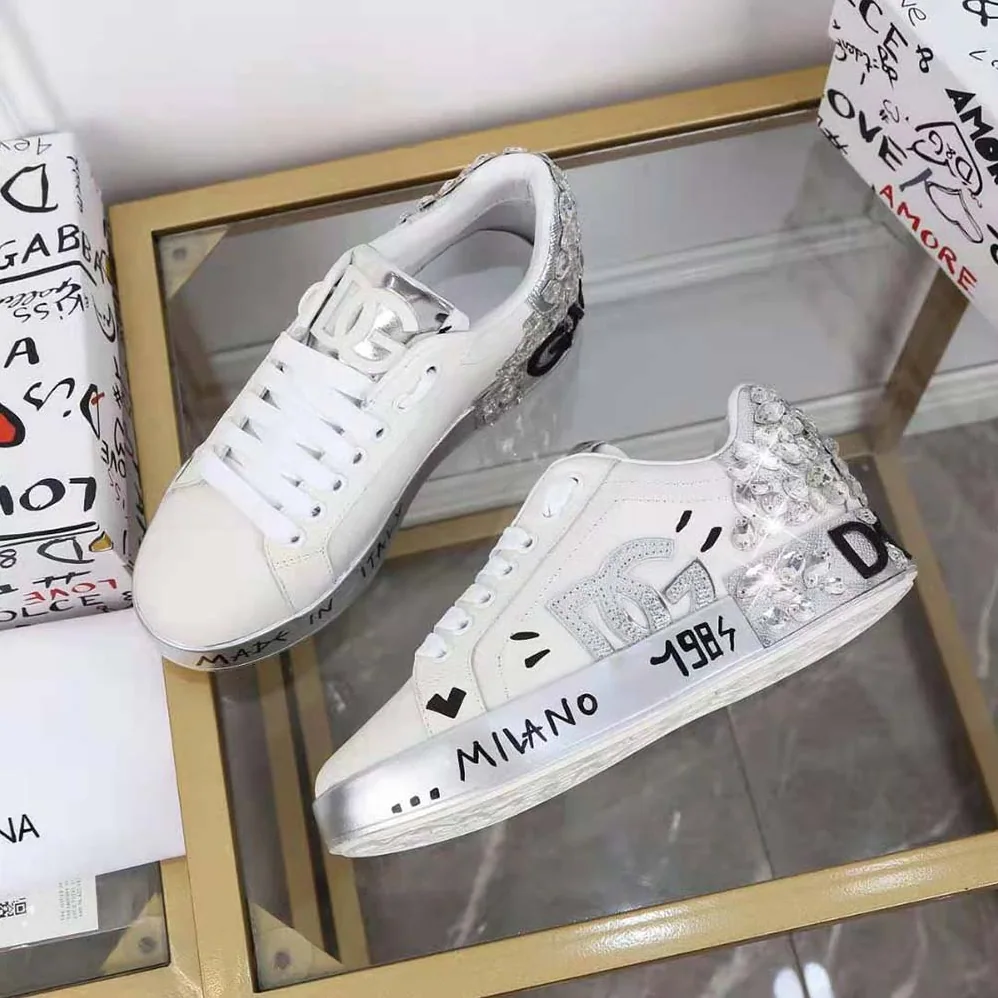 Dolce Gabbana D&G Printed Calfskin Nappa Portofino Sneakers with DG Logo and Embroidery for Men in Silver