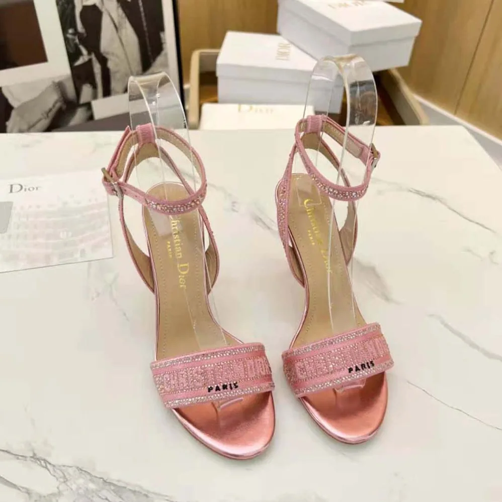 Dior Dway Heeled Slide Pink Cotton Embroidered with Metallic Thread and Strass for Women