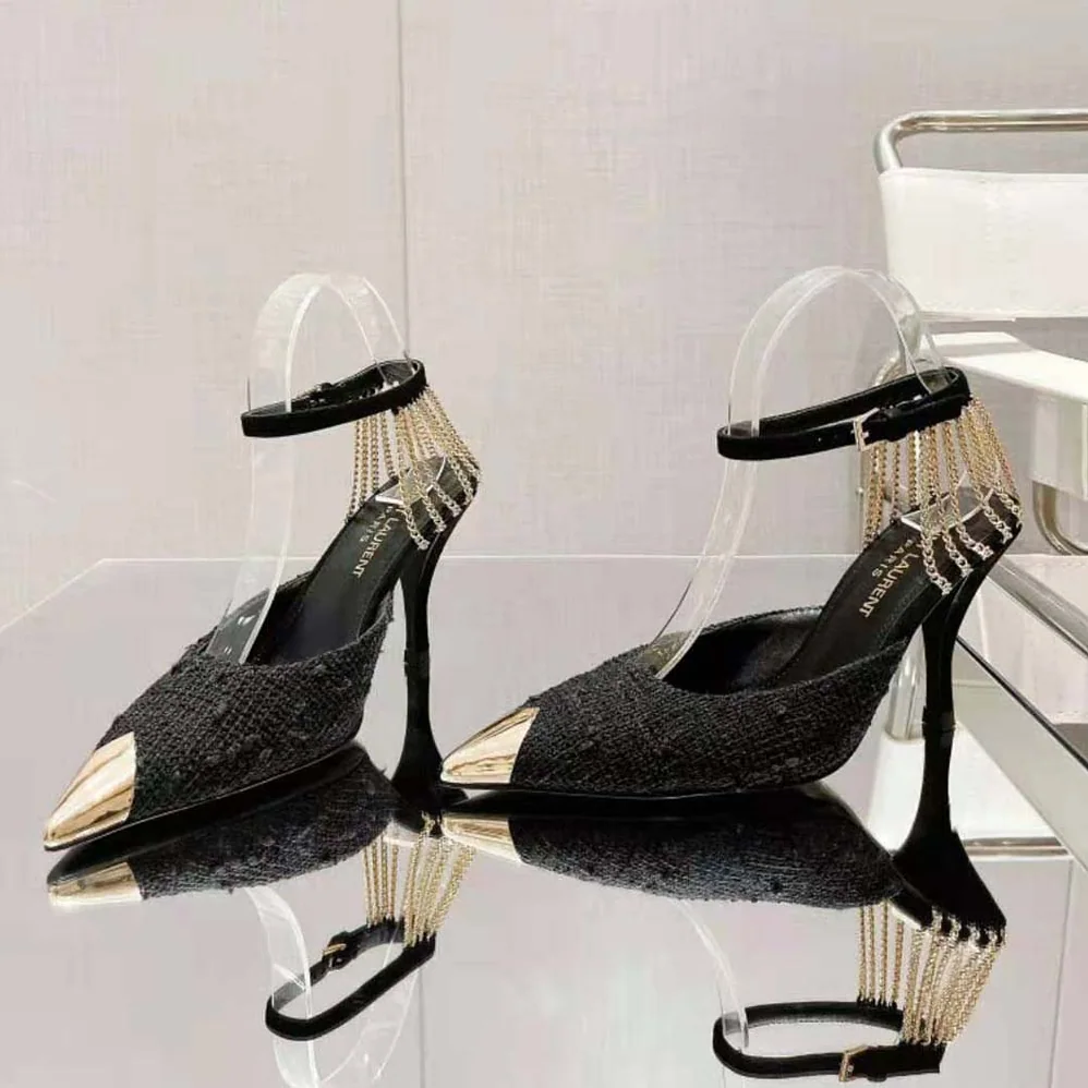 Saint Laurent YSL Sling Chain Pumps in Boucle Tweed for Women Saint Laurent YSL Sling Chain Pumps in Boucle Tweed for Women