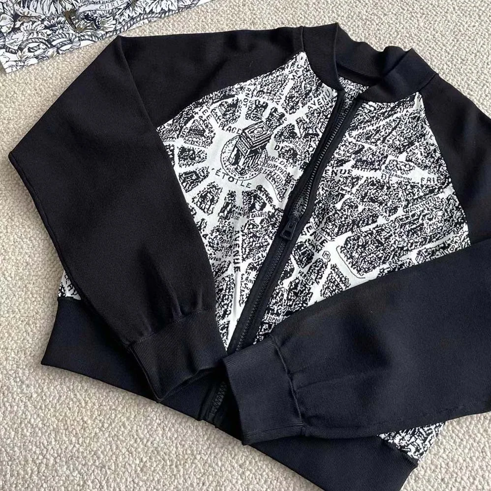Dior Cropped Bomber Jacket Black and White Technical Taffeta Jacquard with Plan de Paris Motif for Women