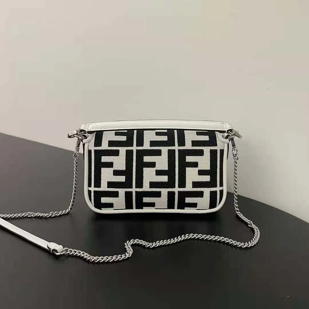 Fendi Baguette Mini White and Black Canvas Bag with FF Embroidery for Women Fendi Baguette Mini White and Black Canvas Bag with FF Embroidery for Women