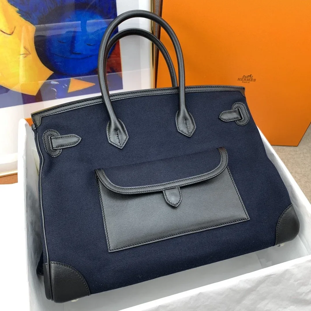 Hermes Birkin Cargo 35 Top Handle Bag in Navy Blue Silver Hardware Hermes Birkin Cargo 35 Top Handle Bag in Navy Blue Silver Hardware