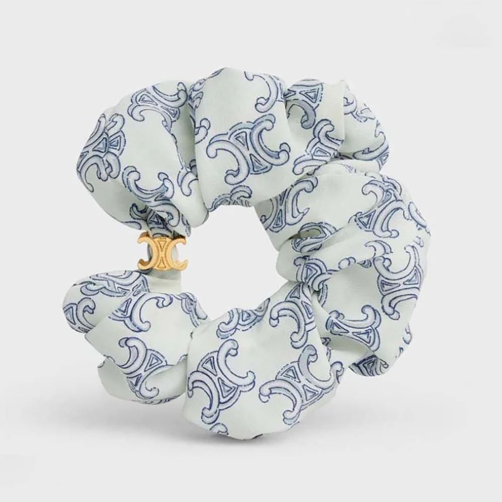 Celine Scrunchy Celine Triomphe Toile De Jouy Bracelet in Brass with Gold Finish and White and Navy Silk for Women Celine Scrunchy Celine Triomphe Toile De Jouy Bracelet in Brass with Gold Finish and White and Navy Silk for Women